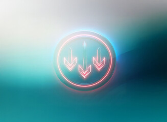 Aufkleber - Glowing neon circle with three downward arrows overlaying a blurred teal and white gradient, creating a double exposure effect.