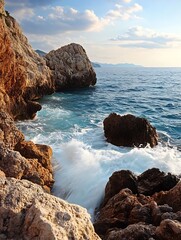 Aufkleber - Breathtaking Seascape Featuring Rocky Shores and Turquoise Waves Under a Dramatic Sky : Generative AI