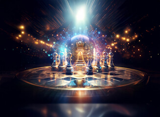 Wall Mural - a double exposure image showcases chess pieces on a round board bathed in bright light, creating an 