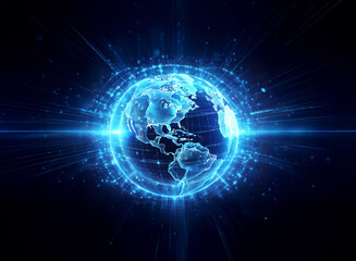 Poster - Futuristic blue globe radiates light with digital elements, creating a double exposure effect, a technological Earth representation.