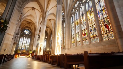 Wall Mural - Gorgeous Interior of a Historic Church with Sunlight Streaming Through Stained Glass Windows : Generative AI