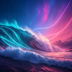 Wall Mural - Neon Wave Composition Cosmic Ocean Scene, Digital Art, Abstract Wave, Pink and Blue, Night Sky, Digital Painting Digital art, Abstract art