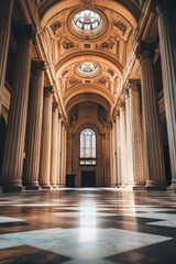 Aufkleber - Impressive architectural interior view of grand hall with tall columns and artistic lighting for historic elegance : Generative AI