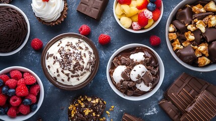 Poster - Variety of Decadent Desserts With Fresh Berries and Chocolate in Artistic Arrangement : Generative AI