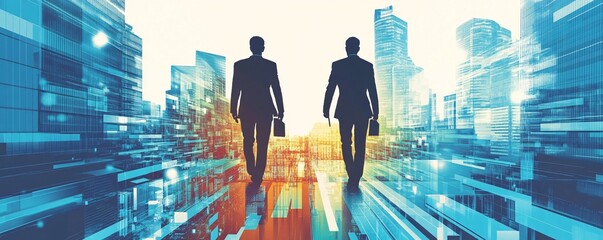 Poster - Two businessmen walking towards digital city skyline