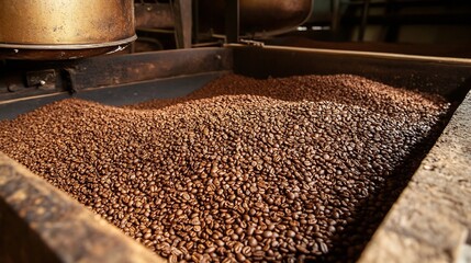 Poster - Freshly Roasted Coffee Beans Piled High in a Dark Rustic Environment Ready for Brewing : Generative AI