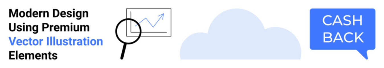 Magnifying glass examining growth chart, cloud shape, and cashback text bubble. Ideal for business data analysis, fintech, cloud storage, e-commerce, cashback programs, online solutions flat landing