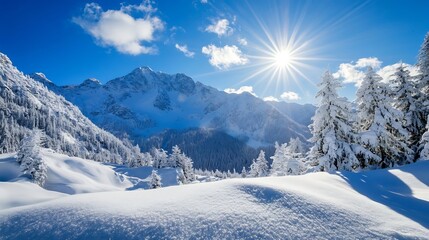 Aufkleber - Majestic Snow Covered Mountains Under Bright Blue Sky With Radiant Sunlight : Generative AI