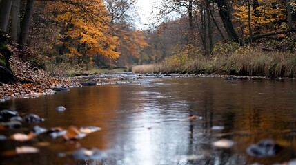 Poster - Calm Autumn River Scene with Reflections of Trees and Leaves in Tranquil Water Surrounded by Nature : Generative AI