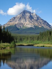 Aufkleber - Majestic mountain landscape reflected in calm waters of a serene lake under blue skies : Generative AI