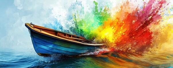 Aufkleber - Tiny boat cruises through a sea of vibrant splashes, igniting creativity and inspiration