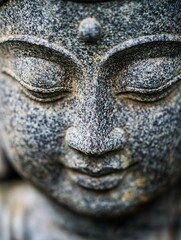 Poster - Intricate Close Up of a Stone Buddha Face Capturing Serenity and Calmness : Generative AI