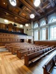 Poster - Elegant Empty Wooden Hall with Decorative Ceiling and Natural Light : Generative AI
