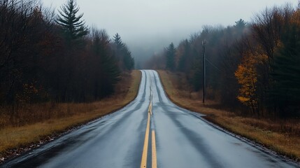 Aufkleber - Winding road through a hazy forest landscape on a rainy day evoking a sense of adventure : Generative AI