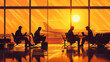 © Thiago - Business travelers working on laptops in airport at sunset. Silhouette Nomads. Illustration