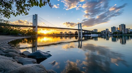 Poster - Stunning sunset reflection on the river with a modern bridge in the background : Generative AI