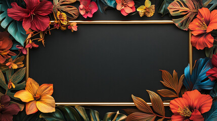 Wall Mural - Gold thin frame empty border with colorful flowers on black background.