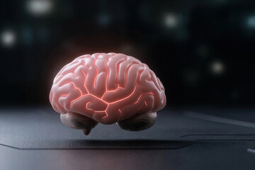 Poster - Floating brain with glowing neurons on a sleek surface under soft lighting