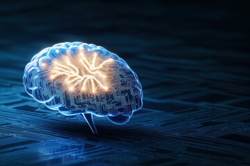Poster - Conceptual illustration of an illuminated brain with microchip design at night