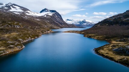 Aufkleber - Breathtaking aerial view of a serene lake surrounded by majestic mountains : Generative AI