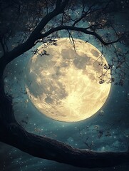 Poster - Stunning Full Moon Surrounded by Silhouetted Tree Branches Against a Starry Sky : Generative AI
