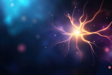 Poster - Stunning abstract representation of a glowing neuron in a colorful cosmic background