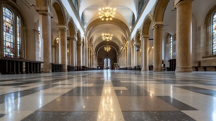 Poster - Elegant hall interior showcasing arches and bright stained glass in a historic building : Generative AI