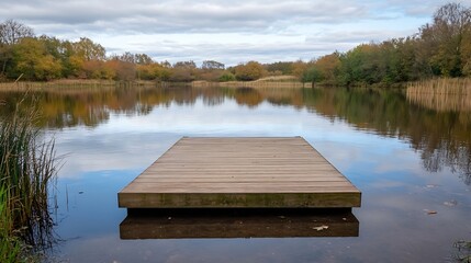 Canvas Print - Serene Wooden Dock on Calm Lake Surrounded by Colorful Autumn Foliage and Reflections : Generative AI