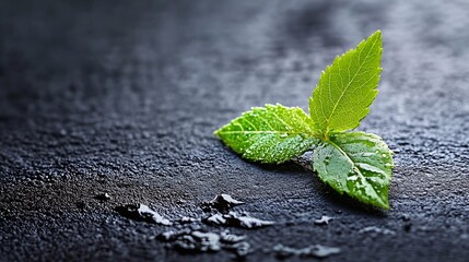 Poster - Fresh green mint leaves with droplets of water on a dark stone background : Generative AI
