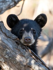Poster - Curious black bear cub peeking from behind a tree in its natural habitat : Generative AI