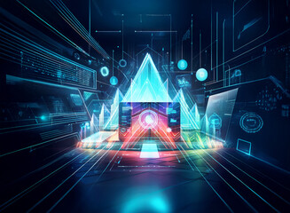 Poster - double exposure creates a vibrant digital cityscape with glowing lines and futuristic tech elements.