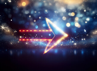 Wall Mural - glowing arrow points right in a double exposure effect, blending neon light with a sparkling, abstra