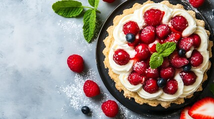 Poster - Delicious Fresh Berry Tart Dessert with Raspberries and Whipped Cream on Gray Background : Generative AI