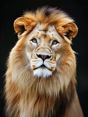 Poster - Majestic Close Up of a Lion Showcasing its Regal Mane and Intense Gaze in Nature : Generative AI