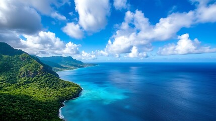 Aufkleber - Stunning panoramic view of the ocean and lush green mountains under a vibrant blue sky : Generative AI