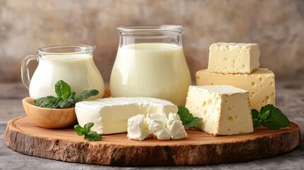 Wall Mural - Fresh dairy products including milk, cheese, and cream displayed on a wooden board with mint leaves