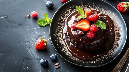 Poster - Delicious Chocolate Cake Top Decorated with Fresh Berries and Mint Leaves : Generative AI