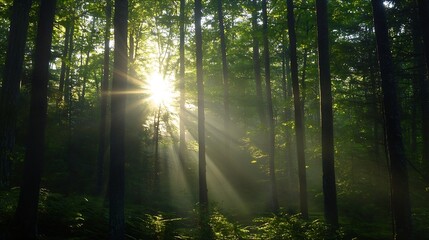 Poster - Majestic Sunlight Breaking Through Lush Green Forest Trees Creating a Dreamy Atmosphere : Generative AI