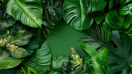 Poster - Rich Green Leaf Background with Tropical Plants Creating a Lush Atmosphere : Generative AI