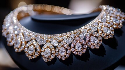 Poster - Stunning golden necklace adorned with diamonds beautifully crafted on a display stand : Generative AI