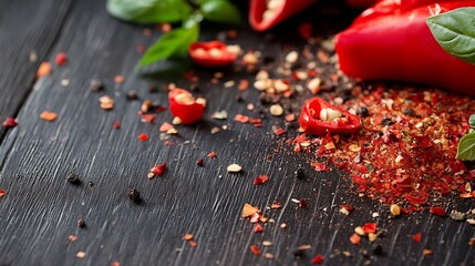 Poster - Fresh Red Chili Peppers and Spices on Dark Wooden Table : Generative AI