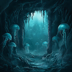 Wall Mural - Bioluminescent Jellyfish in a Dark Underwater Cave