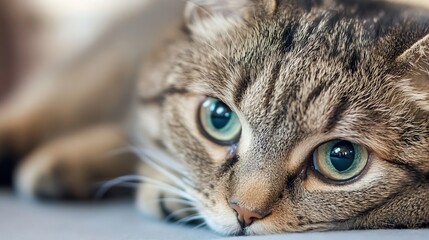 Poster - Close-up of a beautiful tabby cat with mesmerizing green eyes looking thoughtfully at the camera : Generative AI