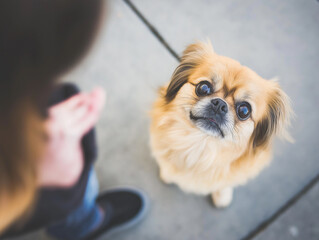 Pekingese dog, adorable pet, small and fluffy brown canine companion, friendly and curious, alert and charming