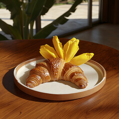 Wall Mural - Warm croissant on a plate with yellow petals, atop a wooden table in soft, natural light.