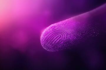 Poster - Close-up view of a vibrant purple fingerprint with glowing particles at nighttime