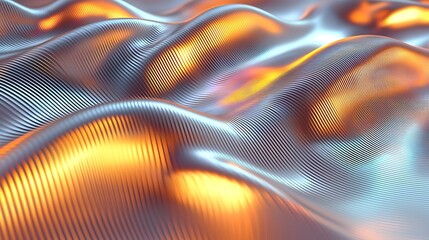 Wall Mural - Abstract metallic waves, orange and silver, flowing texture, digital art, background for design.
