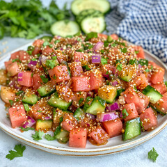 Wall Mural - Cubed watermelon salad with cucumbers, red onions, cilantro, and a sesame dressing on a white plate.