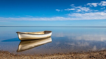 Poster - Serene Scenery of a White Rowboat on Calm Water Under a Blue Sky : Generative AI