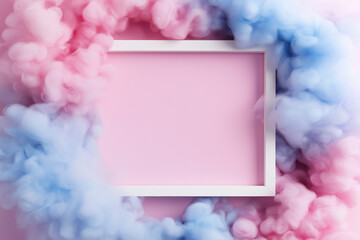 Poster - Soft pink and blue smoke surrounds a white frame on a pastel background